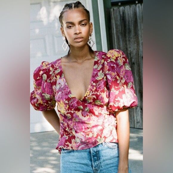 Revolve LPA Ada Puff Sleeve Pink Floral Wrap Crop Blouse - Picture 4 of 14